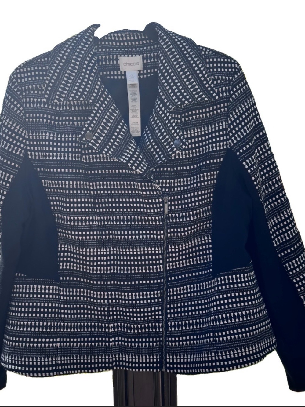 Chico's Black and White Patterned Zip-Front Blazer Size 3